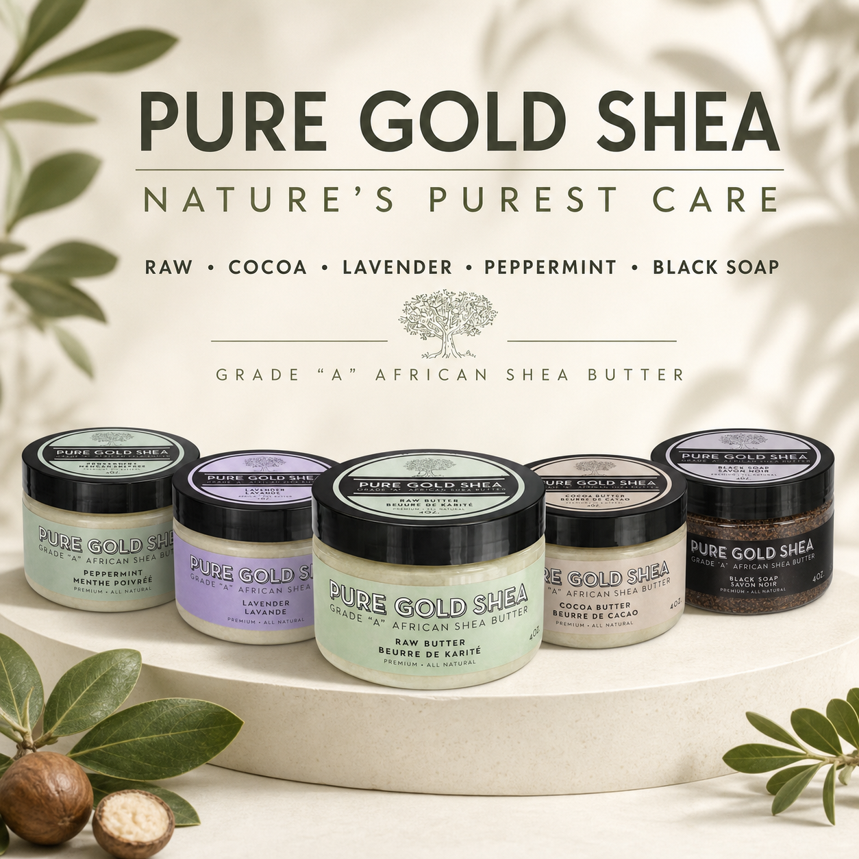 Pure Gold Shea Grade A African shea butter collection in raw, cocoa, lavender, peppermint, and black soap varieties