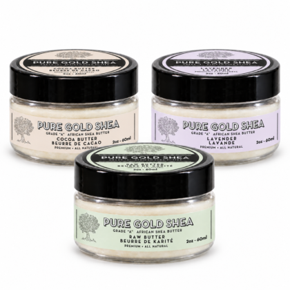 Pure Gold Shea 2 oz three-pack with Raw Butter in front, Cocoa Butter and Lavender behind